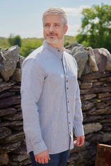 Vintage Granddad Shirt - Slate grey pin stripes - Lee Valley - on model, side