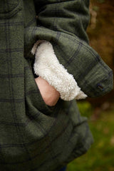 Women Collar Fleece Lined Flannel Shirt – Forest Green and Black Check- Lee Valley - on model - detail sleeve