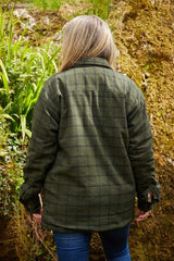 Women Collar Fleece Lined Flannel Shirt – Forest Green and Black Check- Lee Valley - on model - back