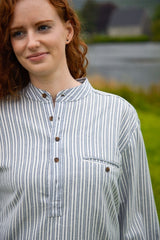 Women Flannel Granddad Shirt - Double Blue Stripes on Ivory - Lee Valley - on model - close up