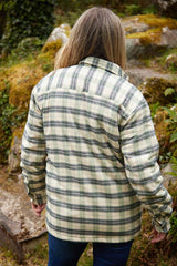 Women Collar Fleece Lined Flannel Shirt - Ecru, Green and Navy Check - Lee Valley - on model - back