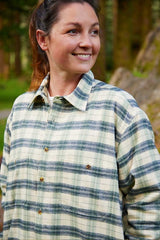 Women Collar Fleece Lined Flannel Shirt - Ecru, Green and Navy Check - Lee Valley - on model - close up