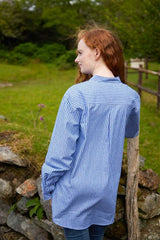 Women Vintage Granddad Shirt - Blue Stripes - Lee Valley - on model - back