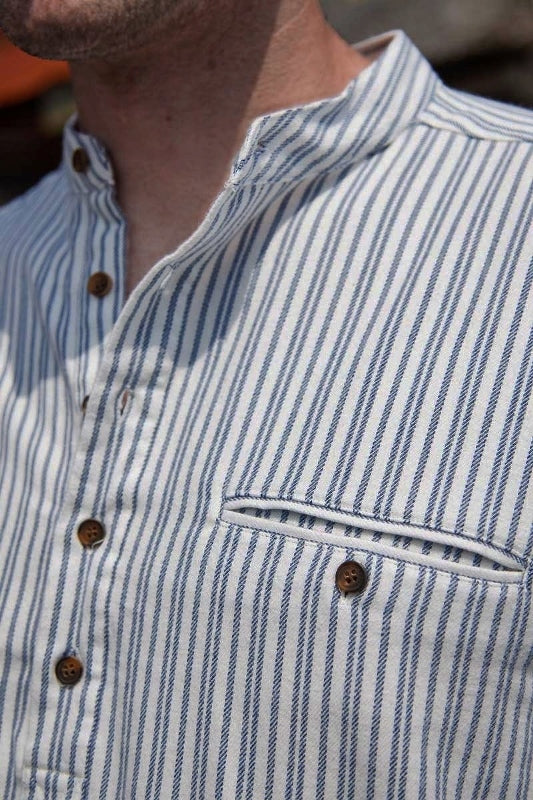 Flannel Granddad Shirt - Double Blue Stripes on Ivory - Lee Valley - detail pocket