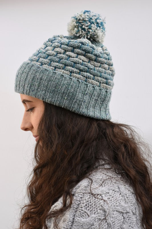 Basketweave Bobble Beanie - Cornflower - McConnell - on model, side