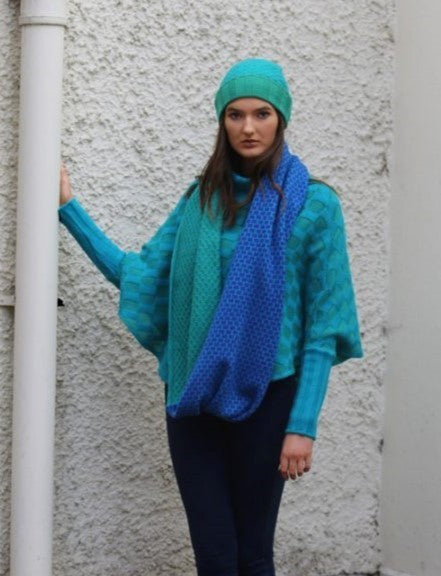Block Colour Moss Looped Scarf - Kingfisher, Privet and Purple - Linda Wilson - on model