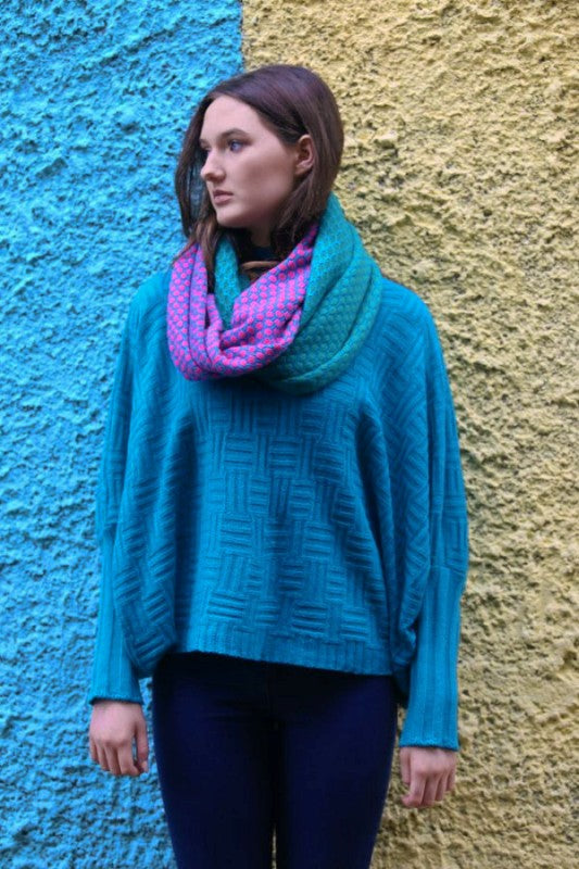 Block Colour Moss Looped Scarf - Kingfisher, Privet and Purple - Linda Wilson - on model