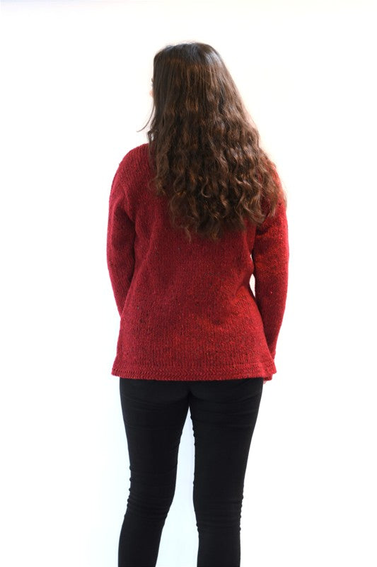 Boat neck and herringbone edges sweater - Red - Rossan Knitwear - on model, back