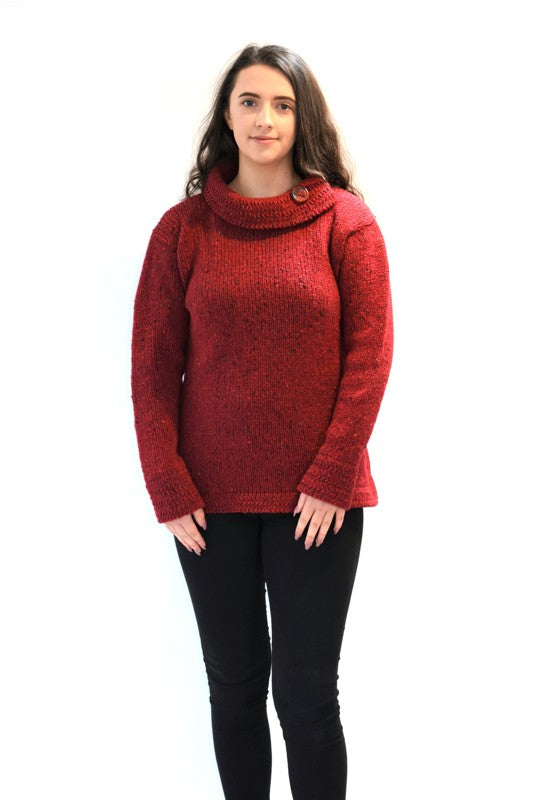 Boat neck and herringbone edges sweater - Red - Rossan Knitwear - on model