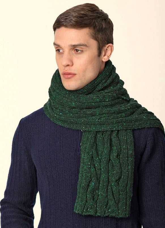 Cable and Rib Scarf - Bottle Green - Fisherman Out of Ireland - on model