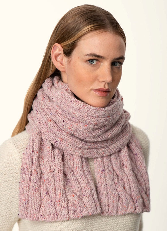 Cable and Rib Scarf – Wild Rose - Fisherman Out of Ireland - on model