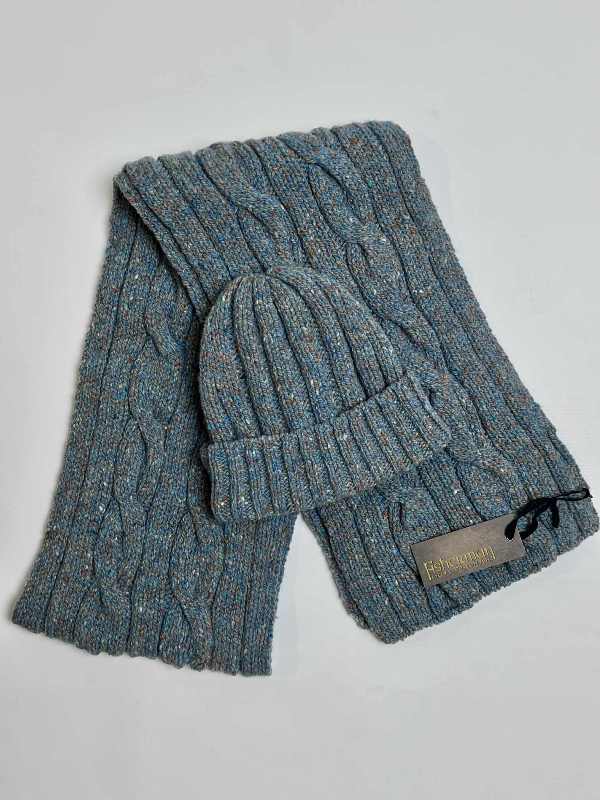 Cable and Rib Scarf and Ribbed Hat - Blue Smoke - Fisherman Out of Ireland