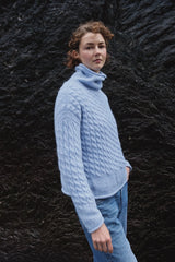 Cabled Funnel Neck Sweater - Forget Me Not - Fisherman Out of Ireland - on model