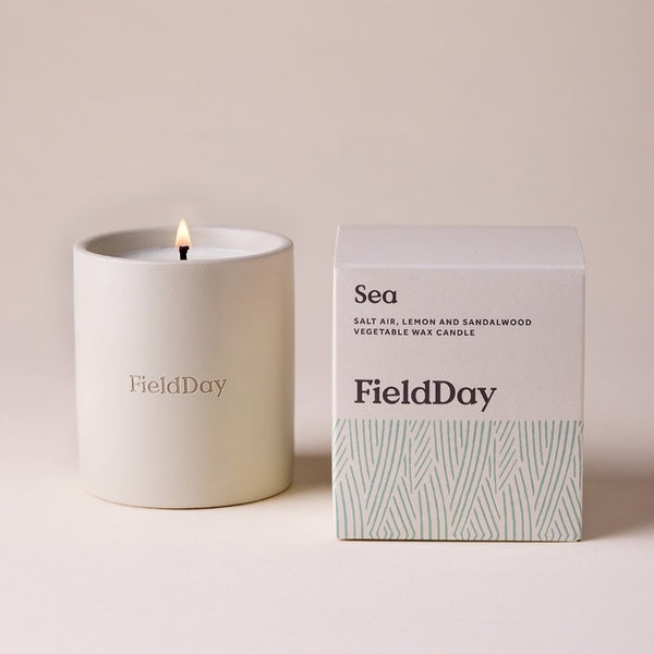 Classic Sea Stoneware Candle – Field Day - candle lit