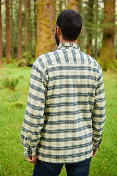 Collar Fleece Lined Flannel Shirt – Ecru, Green and Navy Check - Lee Valley - on model back