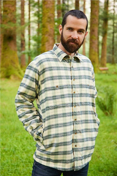 Collar Fleece Lined Flannel Shirt – Ecru, Green and Navy Check - Lee Valley - on model