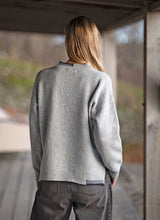 Crew neck sweater with blanket stitch detailing – Cloud and Indigo - Fisherman Out of Ireland - on model, back