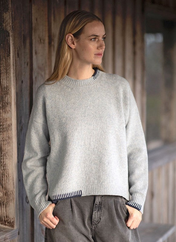 Crew neck sweater with blanket stitch detailing – Cloud and Indigo - Fisherman Out of Ireland - on model
