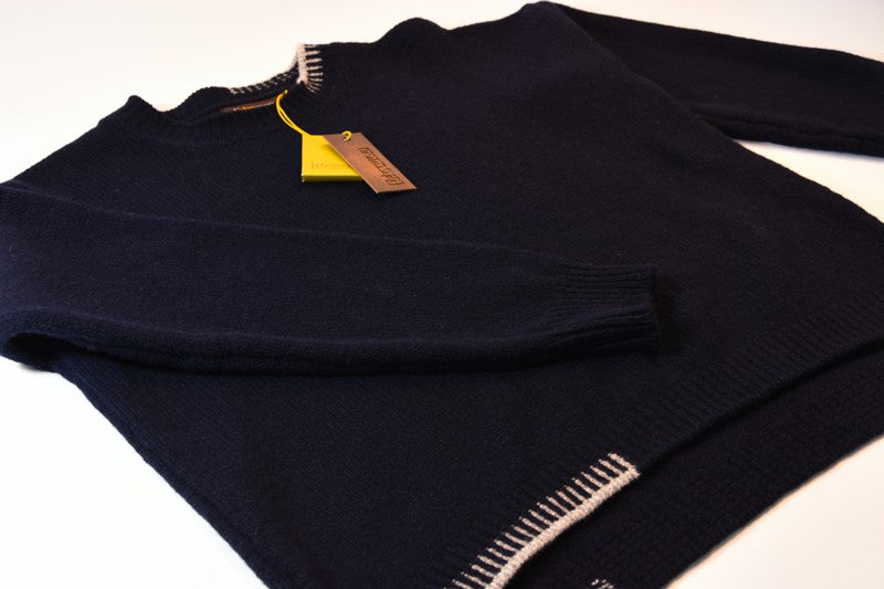 Crew neck sweater with blanket stitch detailing – Navy and Porridge - Fisherman Out of Ireland - detail