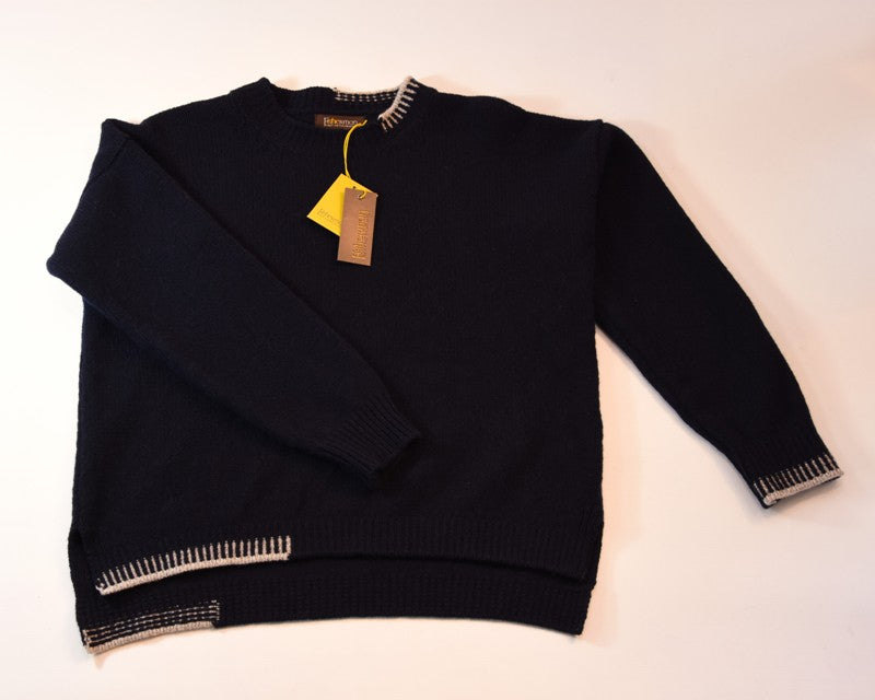 Crew neck sweater with blanket stitch detailing – Navy and Porridge - Fisherman Out of Ireland