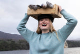 Crew neck sweater with blanket stitch detailing – Seastone and Grey - Fisherman Out of Ireland - on model, detail