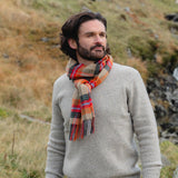 Lambswool Scarf - Beige, Orange, Red and Charcoal Plaid - John Hanly - on model