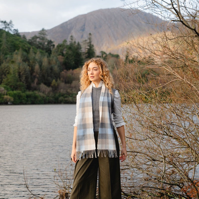 Fine Merino Scarf - Blue, Grey, Stone and White Block Check - John Hanly - on model