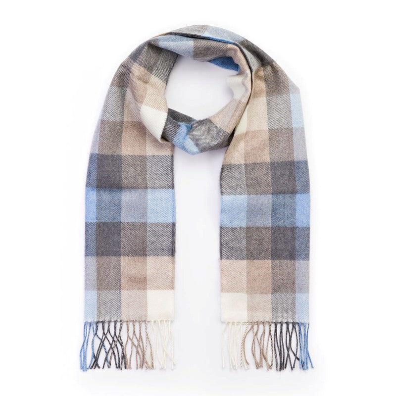 Fine Merino Scarf - Blue, Grey, Stone and White Block Check - John Hanly