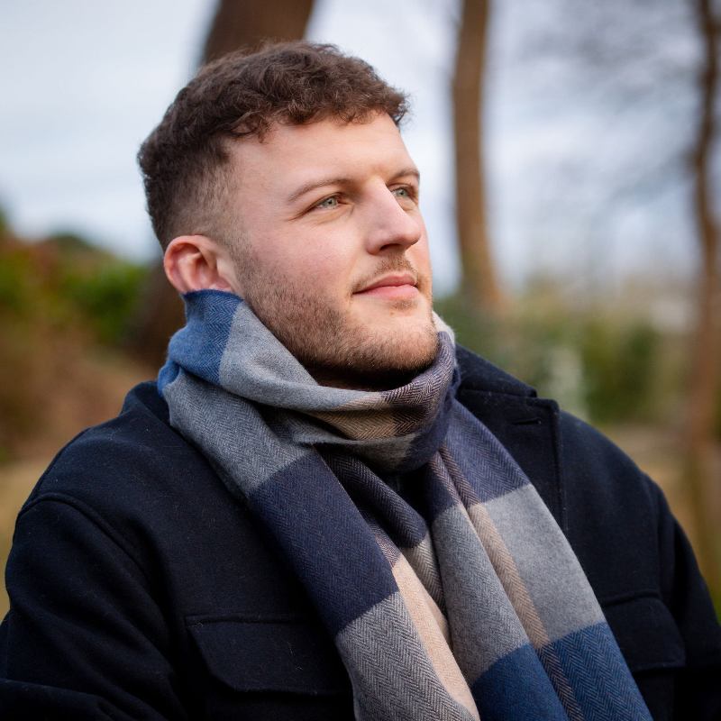 Fine Merino Scarf - Blue and Biscuit Plaid - John Hanly - close up