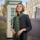 Fine Merino Scarf - Green, Rust Orange and Blue Check - John Hanly - on female model