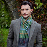 Fine Merino Scarf - Green, Rust Orange and Blue Check - John Hanly - on male model