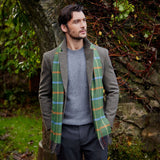 Fine Merino Scarf - Green, Rust Orange and Blue Check - John Hanly - on male model