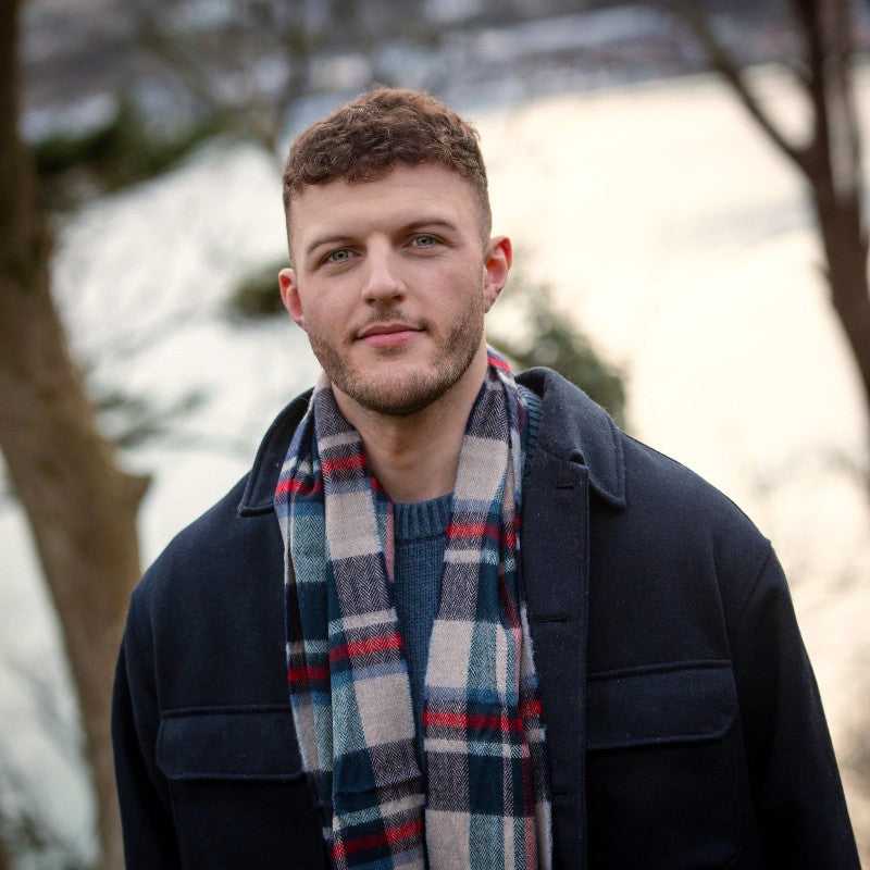 Fine Merino Scarf - Navy, Red and Buscuit Check - John Hanly - on model