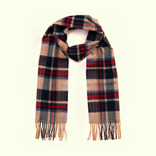 Fine Merino Scarf - Navy, Red and Buscuit Check - John Hanly