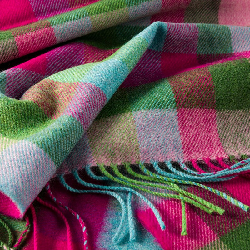 Fine Merino Scarf -Pink Raspberry, Blue and Green Block Check - John Hanly - detail