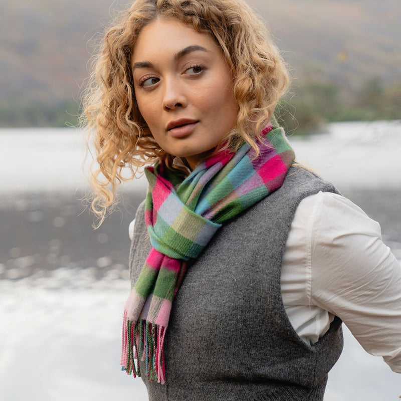 Fine Merino Scarf -Pink Raspberry, Blue and Green Block Check - John Hanly - on model