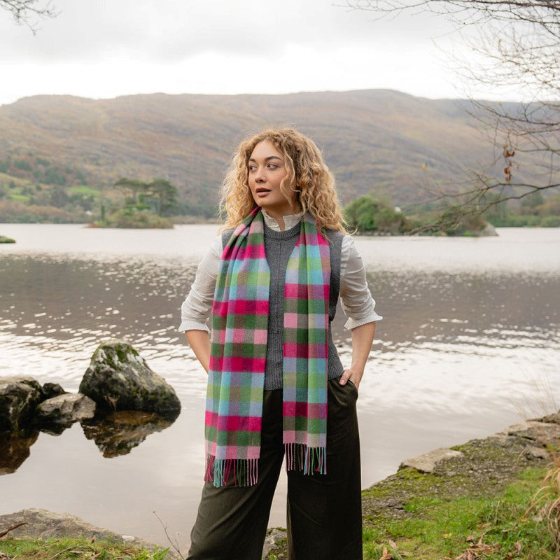 Fine Merino Scarf -Pink Raspberry, Blue and Green Block Check - John Hanly - on model