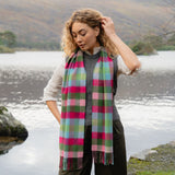 Fine Merino Scarf -Pink Raspberry, Blue and Green Block Check - John Hanly - on model