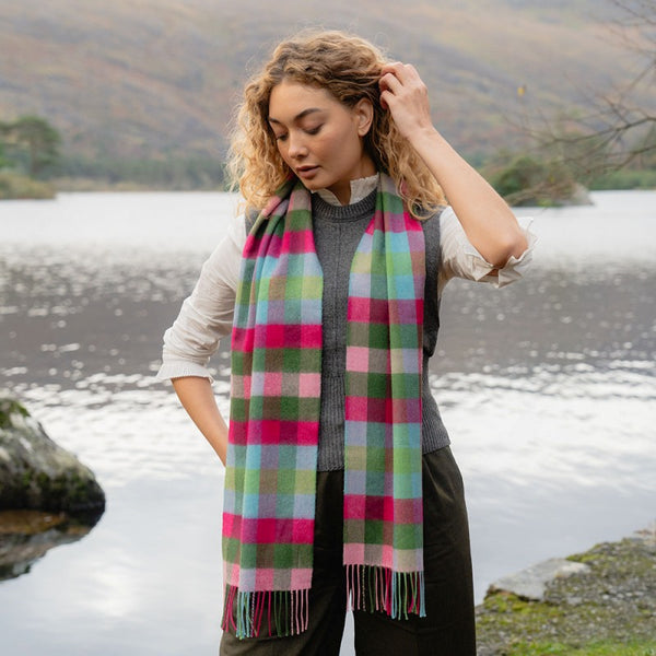 Fine Merino Scarf -Pink Raspberry, Blue and Green Block Check - John Hanly - on model