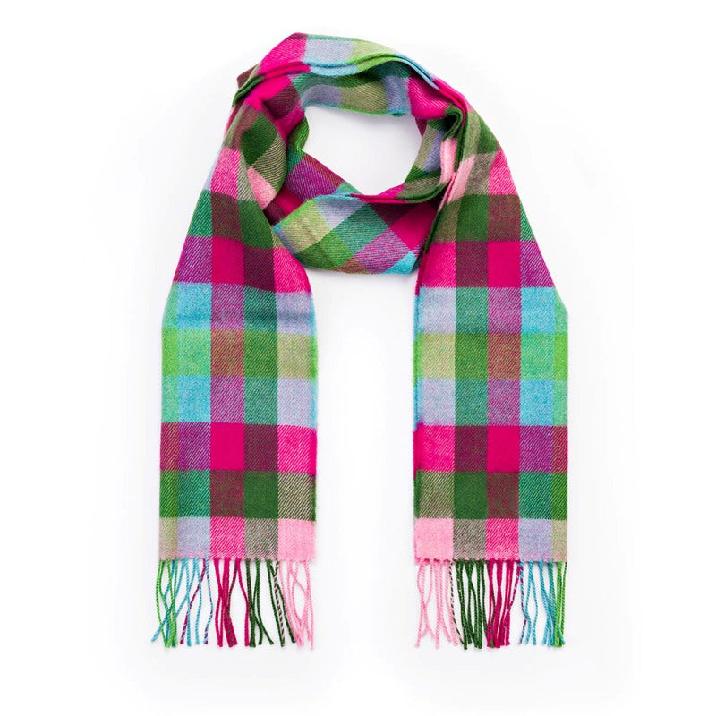 Fine Merino Scarf -Pink Raspberry, Blue and Green Block Check - John Hanly