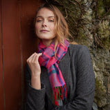 Fine Merino Scarf - Pink, Slate and Navy Blue Check Herringbone - John Hanly - on model