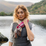 Fine Merino Scarf -Pink, Wine, Orange and Stone Check - John Hanly - on model