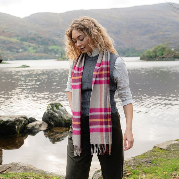 Fine Merino Scarf -Pink, Wine, Orange and Stone Check - John Hanly - on model