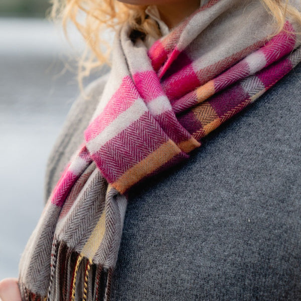 Fine Merino Scarf -Pink, Wine, Orange and Stone Check - John Hanly - on model, close up