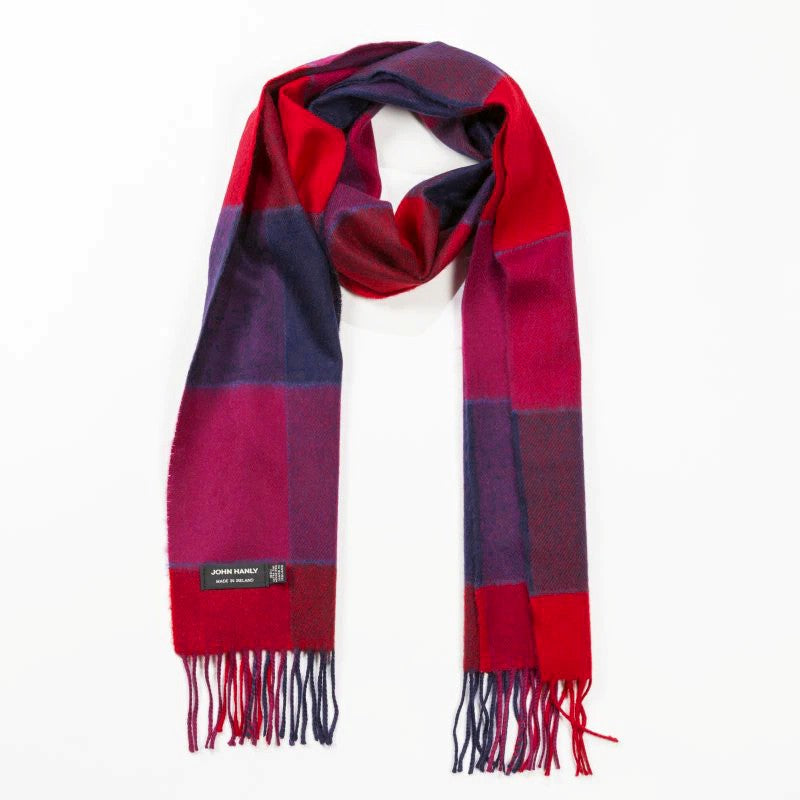 Fine Merino Scarf - Red, Pink and Navy Block Check - John Hanly