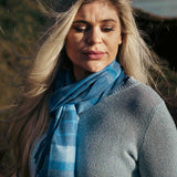 Fine Merino Scarf - Blue and Navy Plaid - John Hanly - on female model