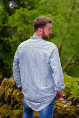 Flannel Granddad Shirt - Double Blue Stripes on Ivory - Lee Valley - back