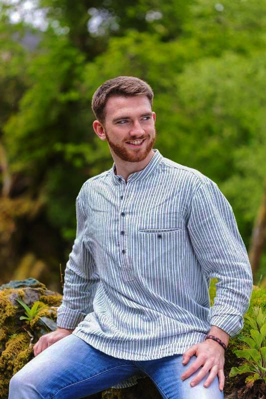 Flannel Granddad Shirt - Double Blue Stripes on Ivory - Lee Valley