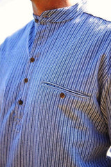 Flannel Granddad Shirt - white stripes on navy ground - Lee Valley - detail pocket