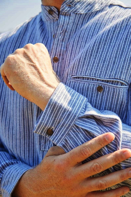 Flannel Granddad Shirt - white stripes on navy ground - Lee Valley - wrist detail